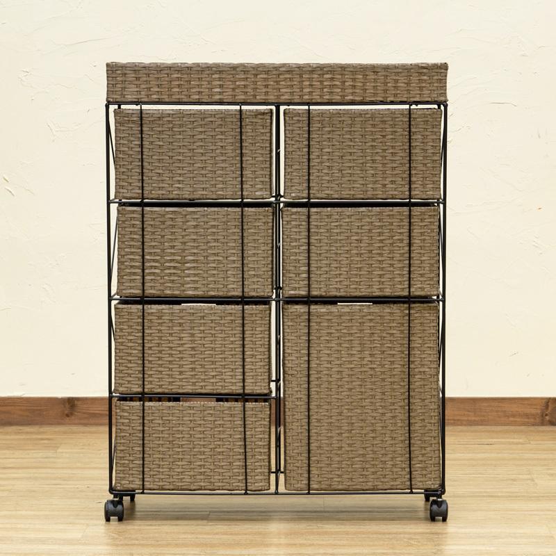 アンティーク　ラタン4段チェスト　キャスター付 ラタン調チェスト 4段引き出し 70cm幅 キャスター付き