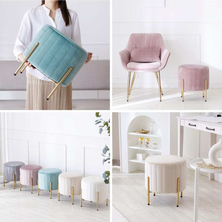 ASHEL スツール おしゃれ かわいい ベロア 金脚 椅子 北欧 丸 くすみ