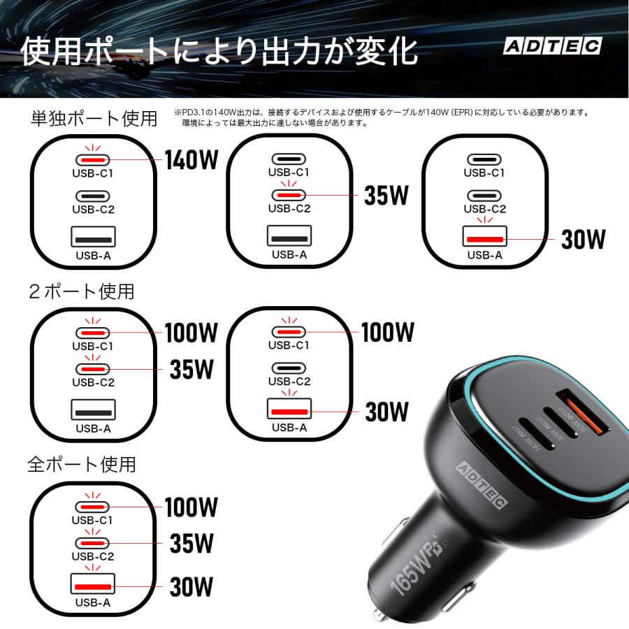 165W 3ポート  シガーソケット PD3.1充電器 ACPD-V165AC2【USB-Cｘ2+USB-A】カーチャージャー Macbook Dyanabook iPhone Android Xperia Switch QC3.0 PD3.0 PPS |  | 04