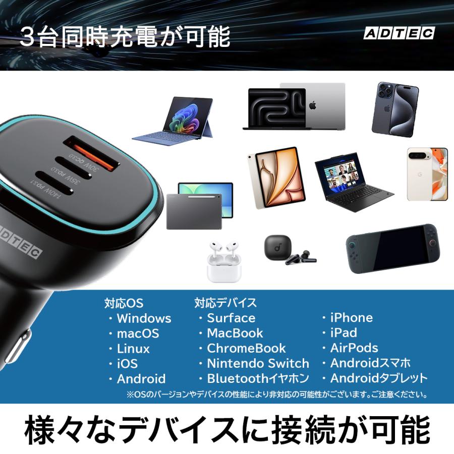 165W 3ポート  シガーソケット PD3.1充電器 ACPD-V165AC2【USB-Cｘ2+USB-A】カーチャージャー Macbook Dyanabook iPhone Android Xperia Switch QC3.0 PD3.0 PPS |  | 05