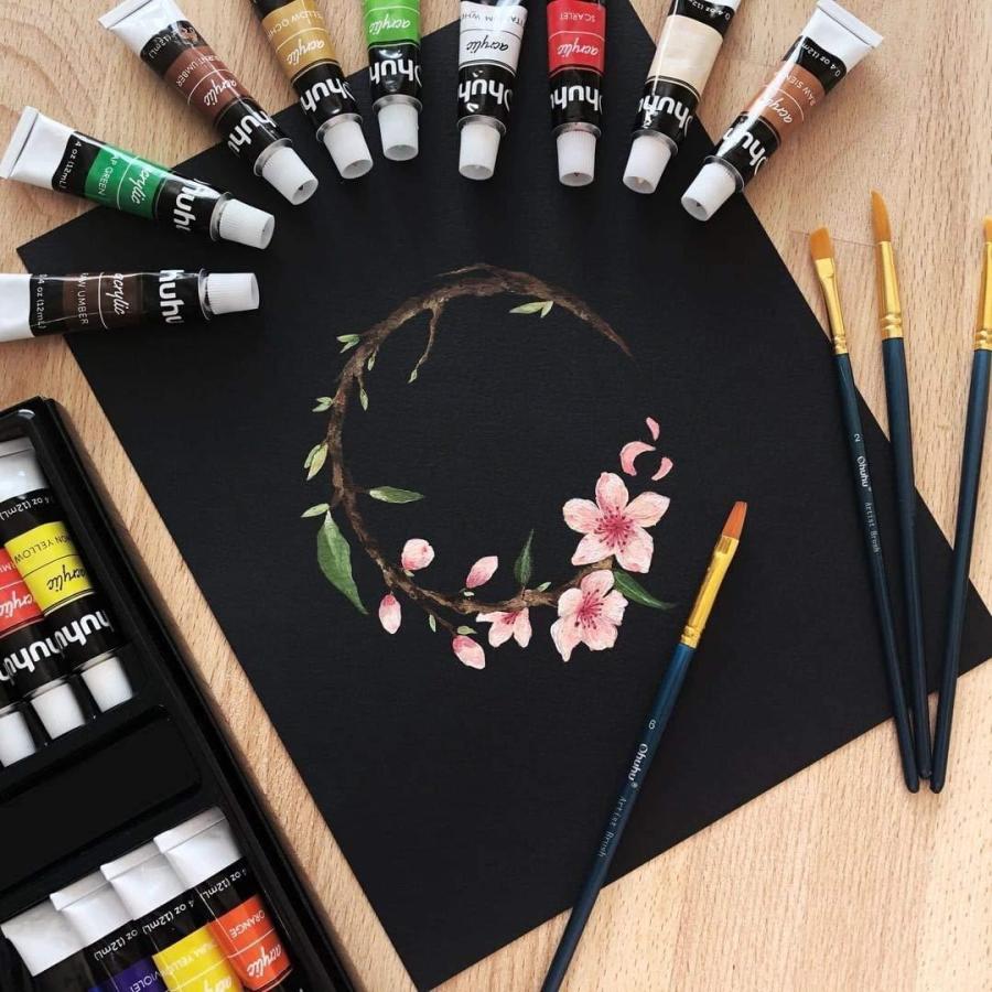 Ohuhu アクリル絵の具 24色 6本ペイントブラシ付き アクリルカラー 鮮やか 12ml 学校教材 イラスト 画材 ディスカウント ペイント 学習教材 定番 チューブ