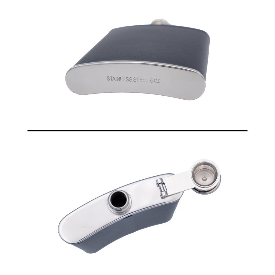 ウィスキーボトル スキットル フラスコ ステンレス製 じょうご付 レザー SP006 A154-1030 6.0oz 中国製 ステンレススチール アルコール ブラック シルバー |  | 03