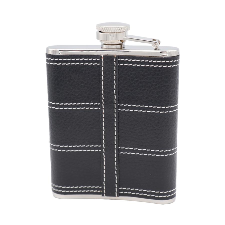 ウィスキーボトル スキットル ステンレス製 レザー ジョウゴ付き SP031 黒貼白ステッチ シボ革 6.0oz 中国製 ステンレススチール アルコール ブラック シルバー |  | 01