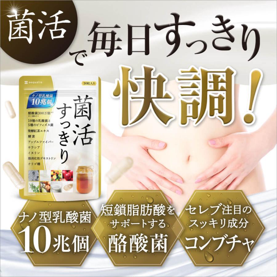 乳酸菌 サプリメント 菌活すっきり 2袋セット 乳酸菌10兆個 ビフィズス菌 酪酸菌 コンブチャ 酵素 オリゴ糖 菌活 60日分 送料無料｜aequalis｜02