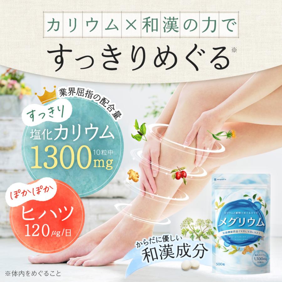 カリウム サプリ ヒハツ サプリ 塩化カリウム1300mg メグリウム ショウガ ナツメ ヨーロッパトウキ 紅花 栄養機能食品 国内製造 300粒 約1ヶ月分 爆買 | aequalis | 02