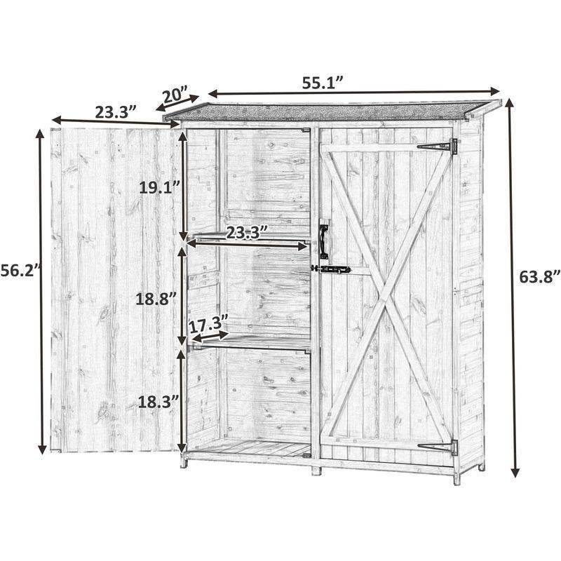 屋外用収納小屋　床付き　木製収納キャビネット　防水　ダブルドア2個付き　ロック2個ハ　外側縦型小屋　ガーデンツール小屋　モミ材　3段棚付き