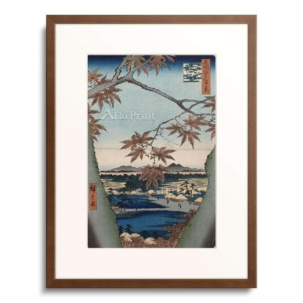 歌川広重 Utagawa Hiroshige 「Maple Leaves And The Tekona Shrine And Bridge At Mama. From The Series: One Hundred Views Of Famous Places In Edo」
