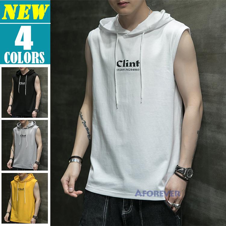 パーカー メンズ 袖なし 父の日 プレゼント プルオーバーパーカー 夏パーカー フード付き ノースリーブ 英字 カジュアル お兄系 全ての