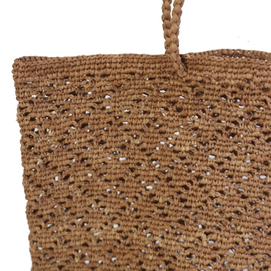 ラフィアバッグ かぎ編み 波透かし 丸底 紅茶染め かごバッグ