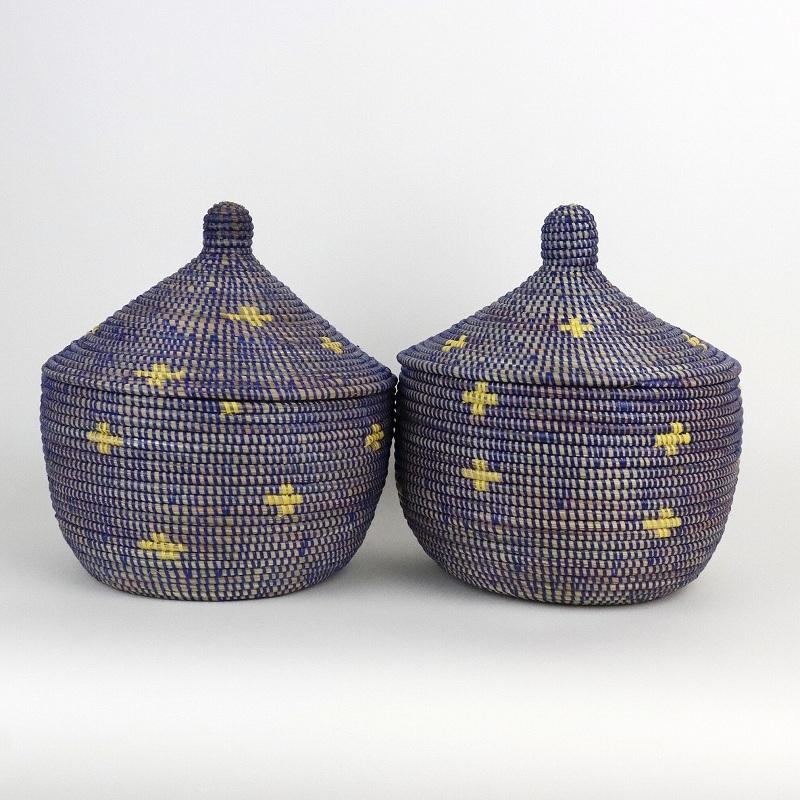 セネガルかご 蓋付き 十字模様 青イエロー : マンゴロベ ヤフー店
