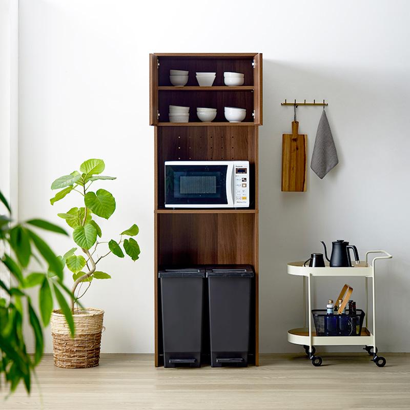 ゴミ箱上ラック ハイタイプ スリム 幅60cm 高さ180cm 食器棚 キッチンラック レンジ台 ゴミ箱  キッチンボード 木製 コンセント付き ブラウンiw-312 岩附 | 岩附 | 03