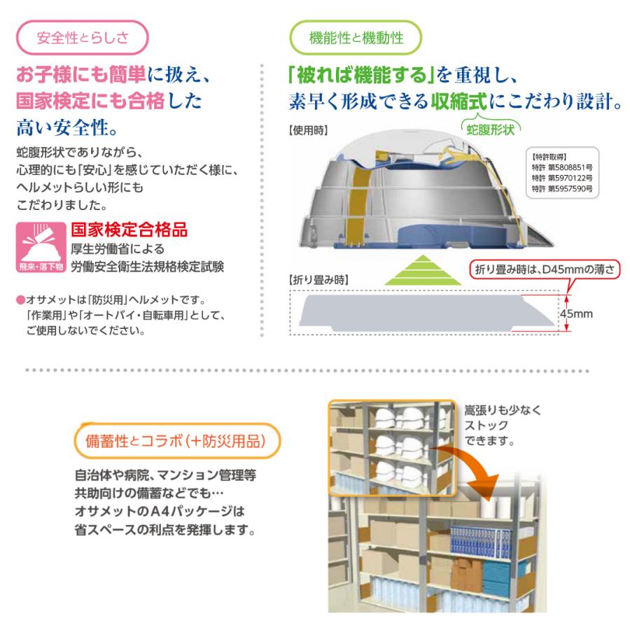 収縮式防災ヘルメット　オサメット　KGO-01　ホワイトオレンジブルー白 橙 青 黄 防災 加賀産業 飛来落下用 折りたたみ 折り畳み グッズ セット |  | 04