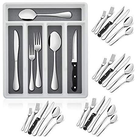 24-Piece Silverware Set with Steak Knives and Organizer Tray, E-far Stainle並行輸入品