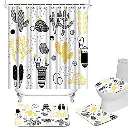 爆売り！ Piece 4 Rugs and Curtain Shower with Sets Bathroom Cactus Black 並行輸入品 Yellow and シャワーカーテン