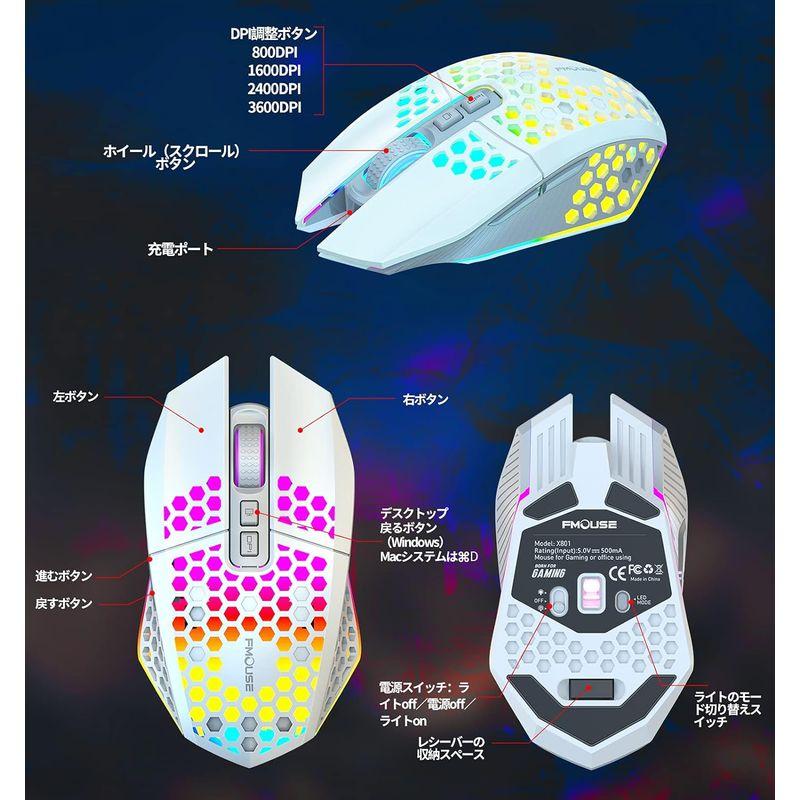 ゲーミングマウス ワイヤレス マウス 無線 光学式 マウス ハニカムシェル採用 充電式 高精度 最大3600DPI 4段調整可能 RGBライ｜ageha-shop｜05