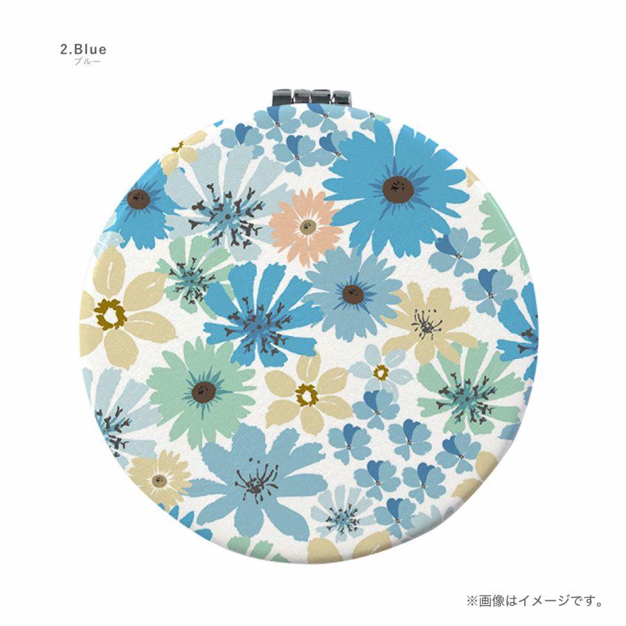 青い花柄 　コンパクト　両面ミラー 　丸い　薄い　軽い　かわいい コンパクトミラー 手鏡 両面印刷 ダブルミラー 丸型 拡大鏡 パステル