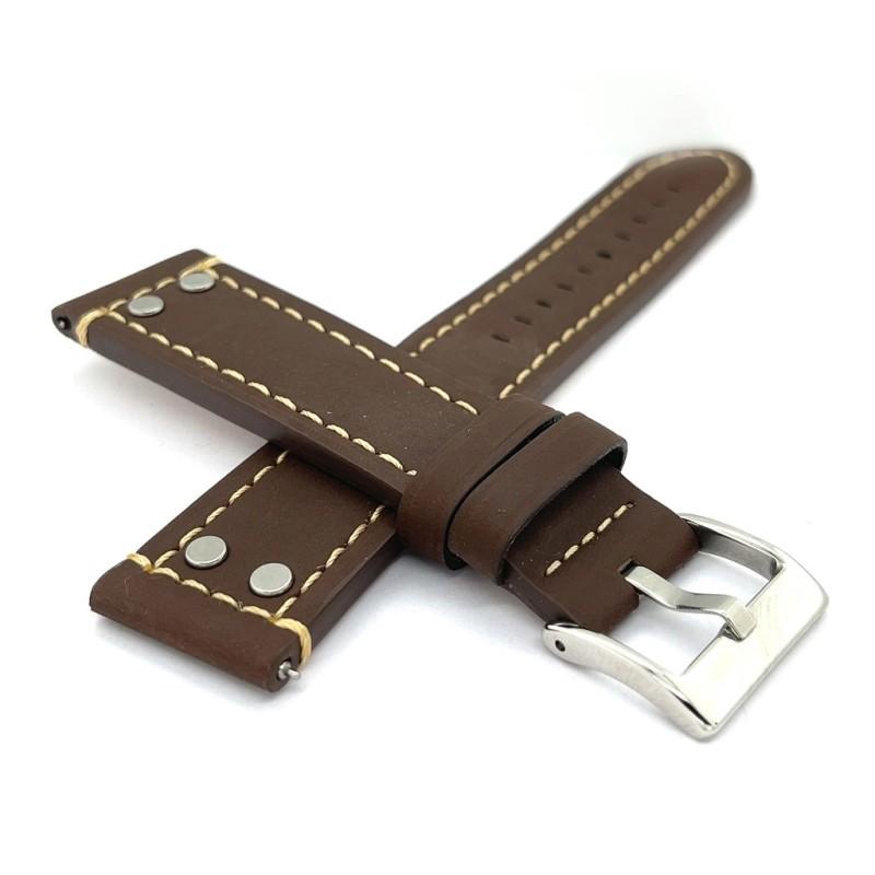 Diloy 腕時計 ベルト 20mm オイルドカーフレザー アビエータースタイル リベット付き 本革 ダークブラウン |  | 02