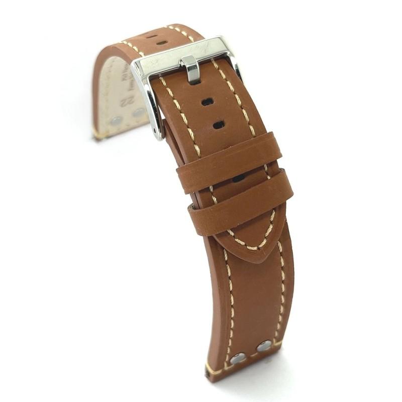 Diloy 腕時計 ベルト 20mm オイルドカーフレザー アビエータースタイル リベット付き 本革 ライトブラウン | 