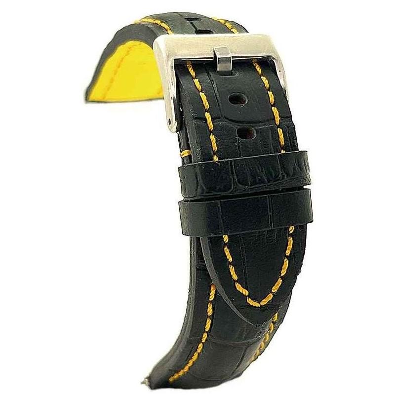 Diloy 腕時計 ベルト プレミアム イタリアン カーフレザー アリゲーターグレイン Ref.395 ブラック イエロー 20mm クロノグラフ スポーツウォッチ | 