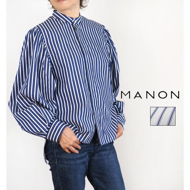 極美品 ドラマ着用 フィーニー ギャザー ストライプ バンドカラー ドレスシャツ MANON（マノン） ギャザースリーブ バンドカラーシャツ レディース mnn
