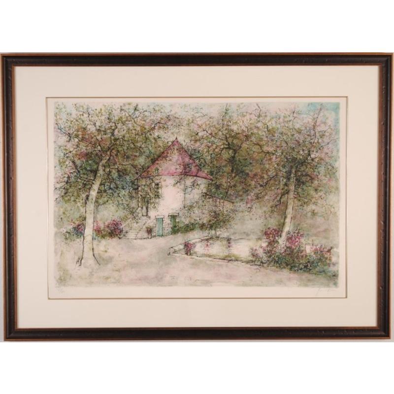 フランス 絵画 風景画 リトグラフ 版画 ベルナール・ガントナー 「花咲く村の家」 額付き