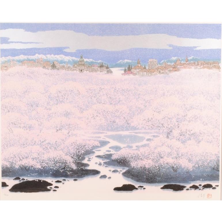 風景画 絵画 カナダ リトグラフ 版画 チャン・プー 「カナダの春」 額付き