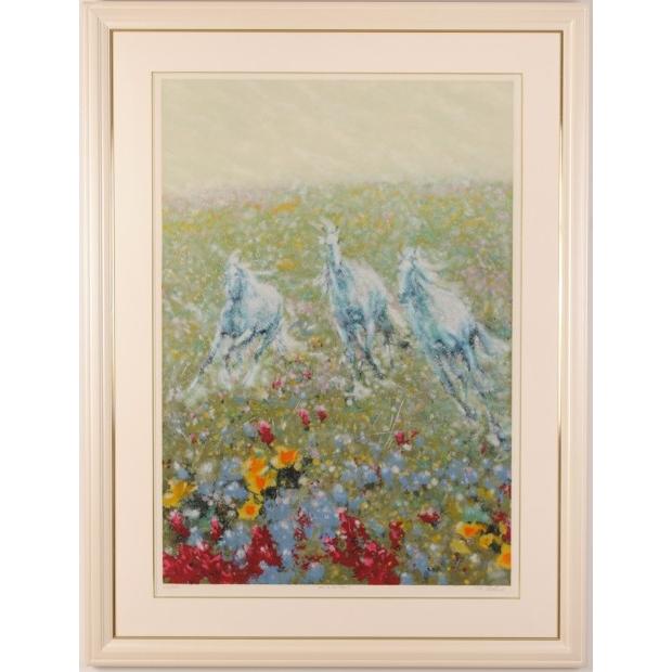 白馬 絵画 花 シルクスクリーン 版画 フーチーチュン 「草原を 白馬 絵画 花 シルクスクリーン 版画 フーチーチュン 「草原を