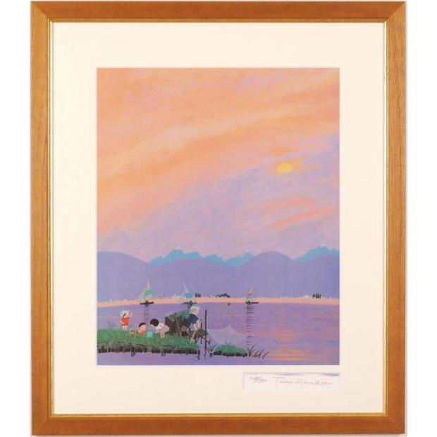 Taiji Harada 風景画 　夕日の湖　版画 額付 s Taiji Harada 風景画 夕日の湖 版画 額付 s アート・写真