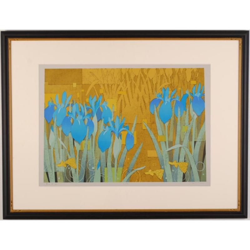 本荘正彦 青の回遊 花 絵画 カキツバタ 熱帯魚 インテリア 和風 絵 木