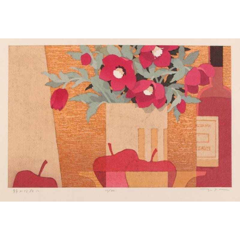 山本丘人、花、超希少額装用画版、新品額装付 本荘正彦 静かな夜に 花 絵画 チューリップ クリスマスローズ