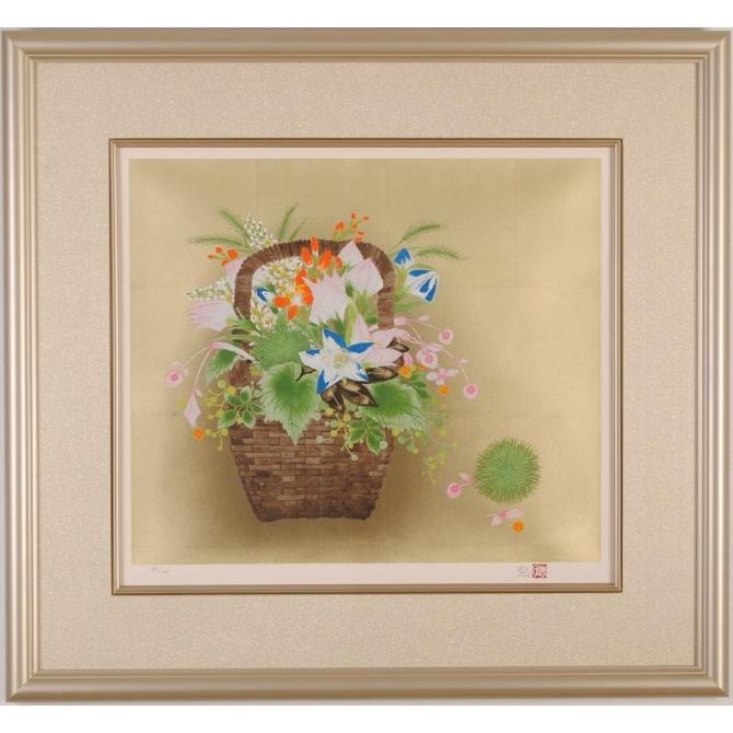 花 絵画 栗 日本画 和風 絵 リトグラフ 版画 堀川えい子 「秋の花籠