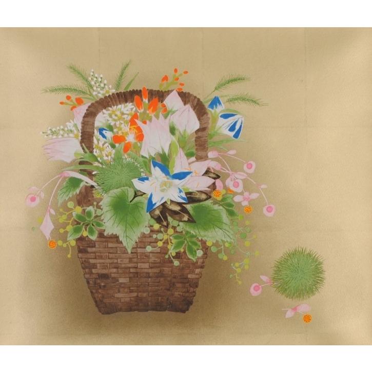 花 絵画 栗 日本画 和風 絵 リトグラフ 版画 堀川えい子 「秋の花籠