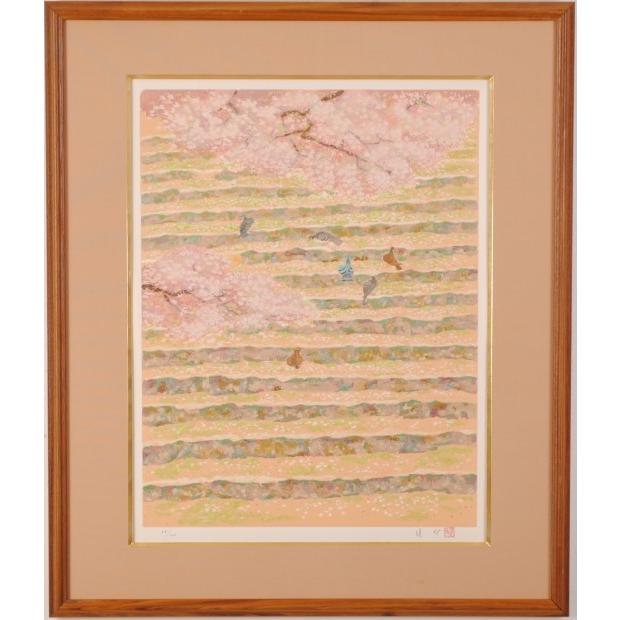 桜 絵画 鳩 絵 和風 リトグラフ 版画 池田遙邨 「花の石段」 額付き