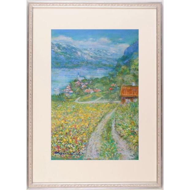 スイス 風景画 絵画 パステル画 石井清 「ブリエンツ湖」 額付き 