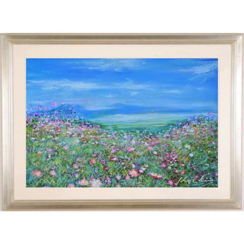 阿蘇 絵画 風景画 熊本 コスモス 花 絵 パステル画 石井清 「五岳を