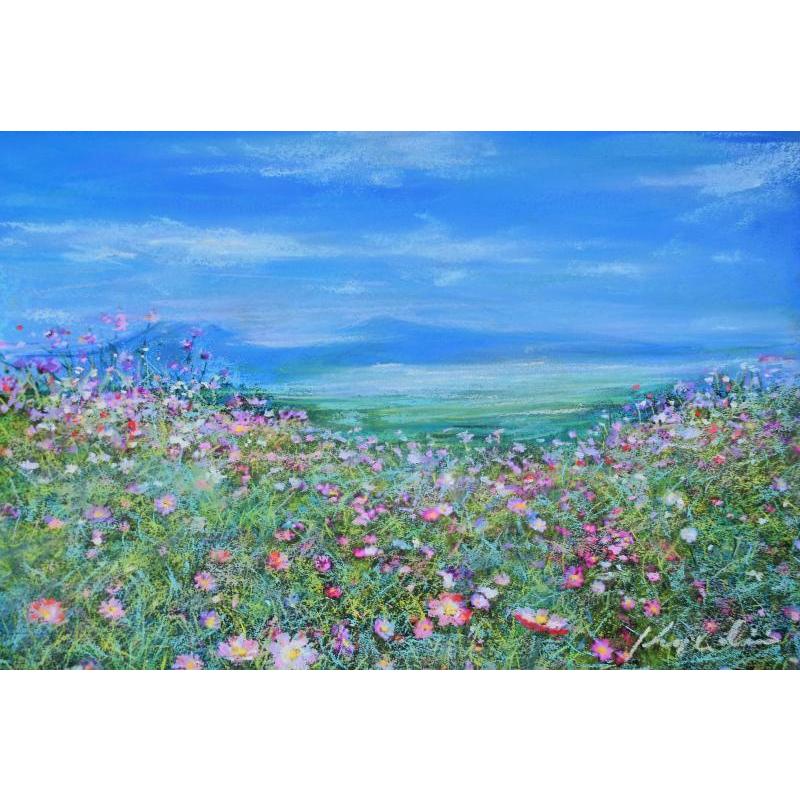 阿蘇 絵画 風景画 熊本 コスモス 花 絵 パステル画 石井清 「五岳を