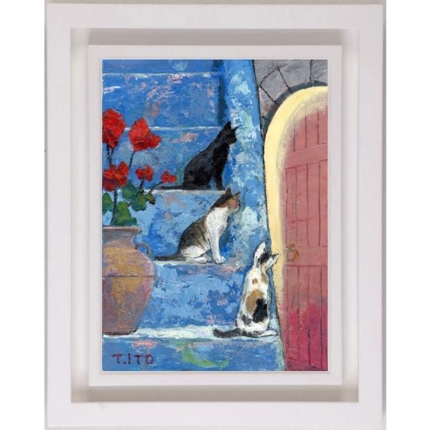 猫 絵画 油絵 伊東拓実 「猫のいる風景」 額付き : アート 猫 絵画 油絵 伊東拓実 「猫のいる風景」 額付き : アート