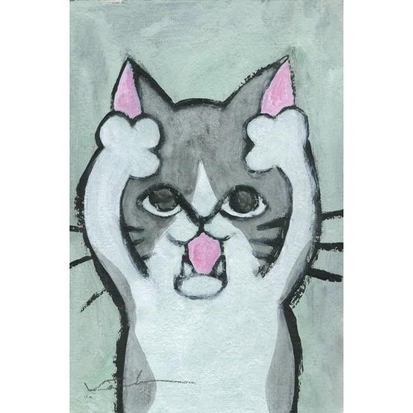猫 絵画 八割れ猫 アクリル画 香月和夫 「あーハチワレ猫」 額付き 