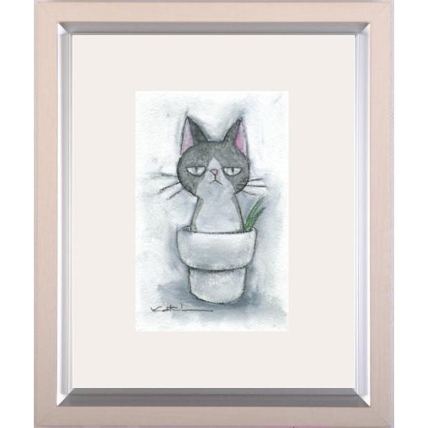 猫 絵画 ミクストメディア 香月和夫 「ぶーハチワレ猫」 額付き
