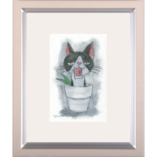 猫 絵画 八割れ猫 ミクストメディア 香月和夫 「ハチワレ鉢猫」 額付き