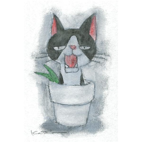 猫 絵画 八割れ猫 ミクストメディア 香月和夫 「ハチワレ鉢猫」 額付き