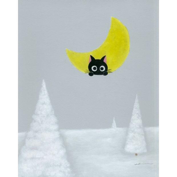 猫 絵画 黒猫 絵 ミクストメディア 香月和夫 「雪原の月猫」 額 猫 絵画 黒猫 絵 ミクストメディア 香月和夫 「雪原の月猫」 額