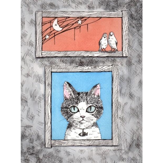 猫 絵画 キジ猫 鳥 絵 ミクストメディア 香月和夫 「夜空で愛を