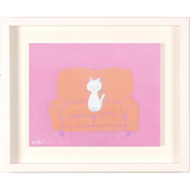 猫 絵画 白猫 アクリルガッシュ 香月和夫 「青色の瞳」 額付き