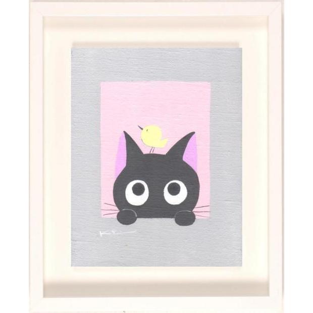猫 絵画 黒猫 鳥 アクリルガッシュ 香月和夫 「アタマに小鳥