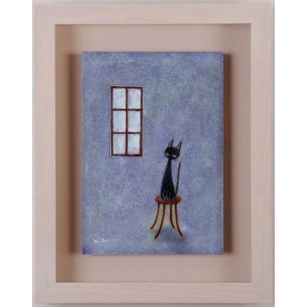 猫 絵画 黒猫 アクリル画 香月和夫 「窓辺の猫」 額付き : アート