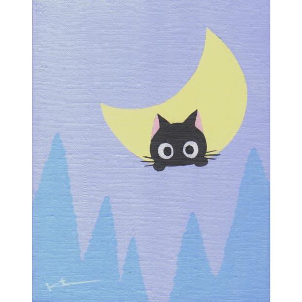 猫 絵画 黒猫 三日月 アクリルガッシュ 香月和夫 「月猫」 額 猫 絵画 黒猫 三日月 アクリルガッシュ 香月和夫 「月猫」 額