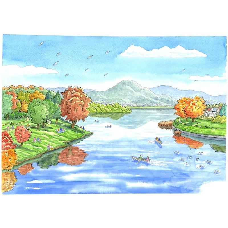 熊本 風景画 絵画 水彩画 内藤謙一 「熊本・江津湖」 額付き : アート