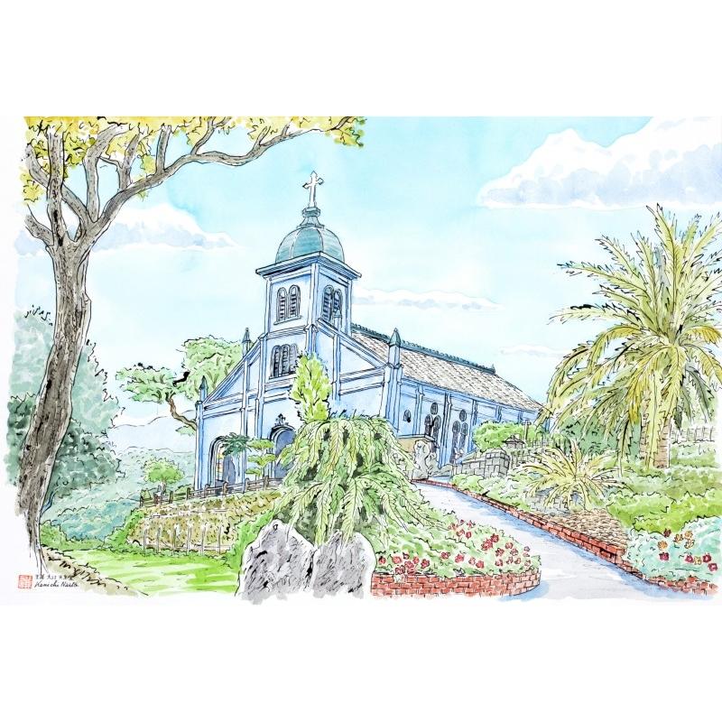 熊本 風景画 絵画 天草 教会 五足の靴 水彩画 内藤謙一 「大江天主堂