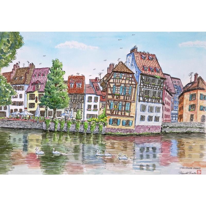 フランス 風景画 絵画 水彩画 内藤謙一 「ストラスブルグ・2」 額付き
